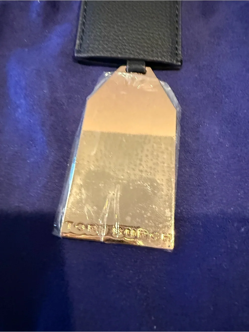 Tory Burch Black Pebbled Leather Tag with Gold-Tone Logo Plate
